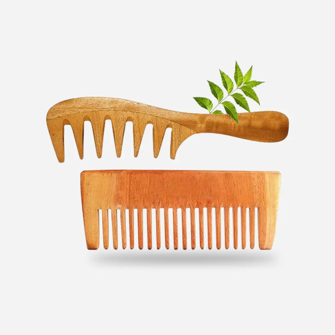 Rufiys Curly Hair Neem Wooden Comb for Women & Men | Wide Tooth Neem Wood Comb For Hair Growth | Dandruff Control | Detangle Comb Pack of 2