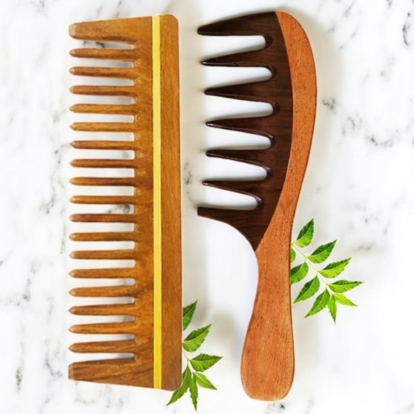 Wooden Curly Hair Wide Tooth Comb | Hair Growth | Detangler Comb (PACK OF 2)