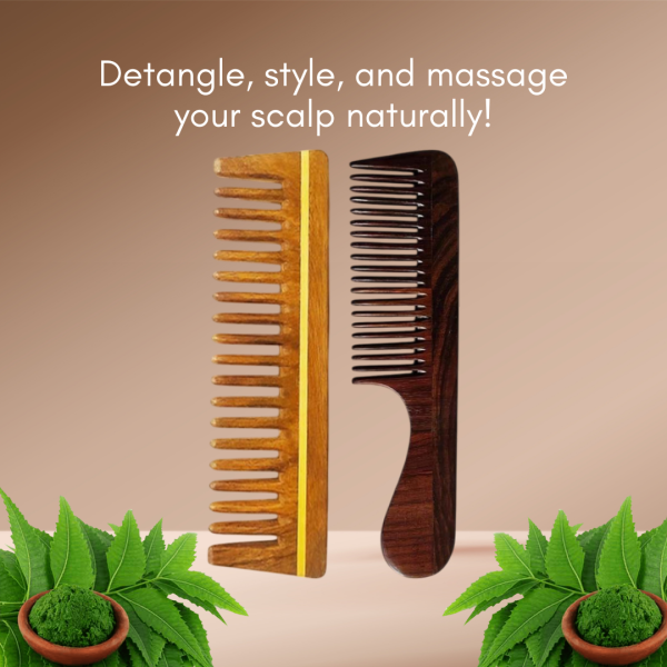 Rosewood and Neem Wood Combo | Anti Freezing Comb and Anti Dandruff Comb (Pack of 2)