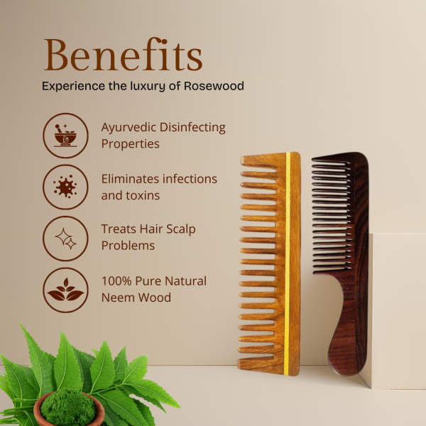 Rosewood and Neem Wood Combo | Anti Freezing Comb and Anti Dandruff Comb (Pack of 2)