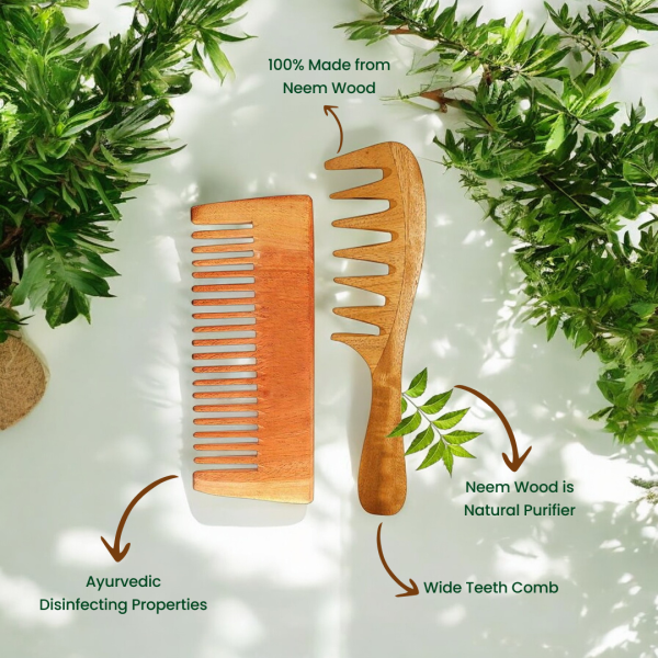 Rufiys Curly Hair Neem Wooden Comb for Women & Men | Wide Tooth Neem Wood Comb For Hair Growth | Dandruff Control | Detangle Comb Pack of 2