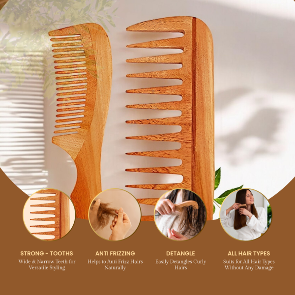 Rufiys Wooden Hair Wide Tooth Comb | Hair Growth | Anti Dandruff | Detangler Comb | Neem Wood Curly Hair Comb for Women & Men