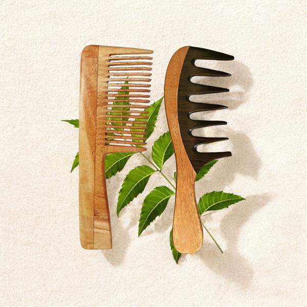 Rufiys Neem Wood Comb Pack of 2 | Wide Tooth Hair Growth Comb for Curly Hair