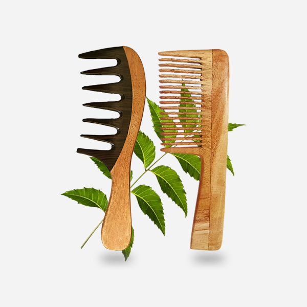 Rufiys Neem Wood Comb Pack of 2 | Wide Tooth Hair Growth Comb for Curly Hair