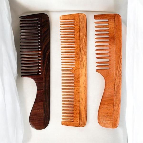 Rose Wood Comb Trio by Rufiys: Neem & Double Tooth for Women (Combo-3)
