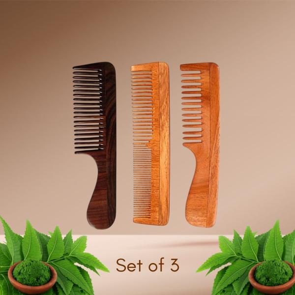 Rose Wood Comb Trio by Rufiys: Neem & Double Tooth for Women (Combo-3)