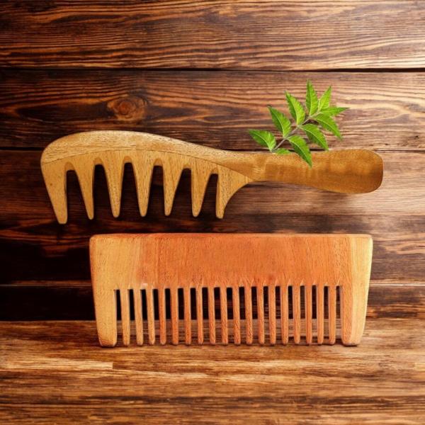 Rufiys Curly Hair Neem Wooden Comb for Women & Men | Wide Tooth Neem Wood Comb For Hair Growth | Dandruff Control | Detangle Comb Pack of 2
