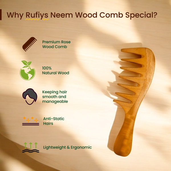 Rufiys Wide Tooth Neem Wood Comb with Handle for Curly Hair Detangling